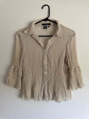 Vintage Ishyu 100% Silk Button Down Blouse Textured lace Trim size L